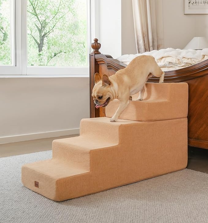 Made4Pets Dog Stairs for High Bed, Extra Wide Pet Stairs for Bed Couch Sofa, 35D Foam Pet Steps for Small Dogs and Cats, Non-Slip Bottom Dog Steps, Tan, 5 Steps