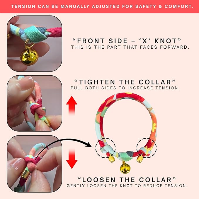 Handmade Cotton Spring Cat Collar with Bell – Adjustable Slip-On Design, No Buckle, Lightweight Rope Collar for Kittens, Indoor Cats, and Small Pets (Leaf-Yellow)