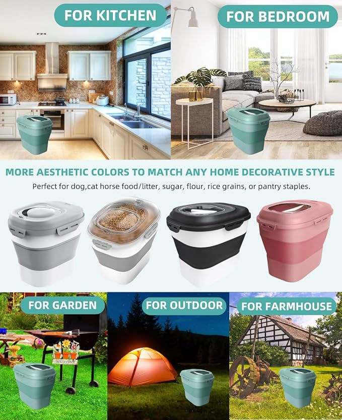 20-50 Lbs Food Storage Containers,Collapsible Rice Container with Wheel Airtight Locking Lid,Flour Storage Container with Small Food Jar and Scoop,Suitable for Food,Rice,Pet Food,Flour