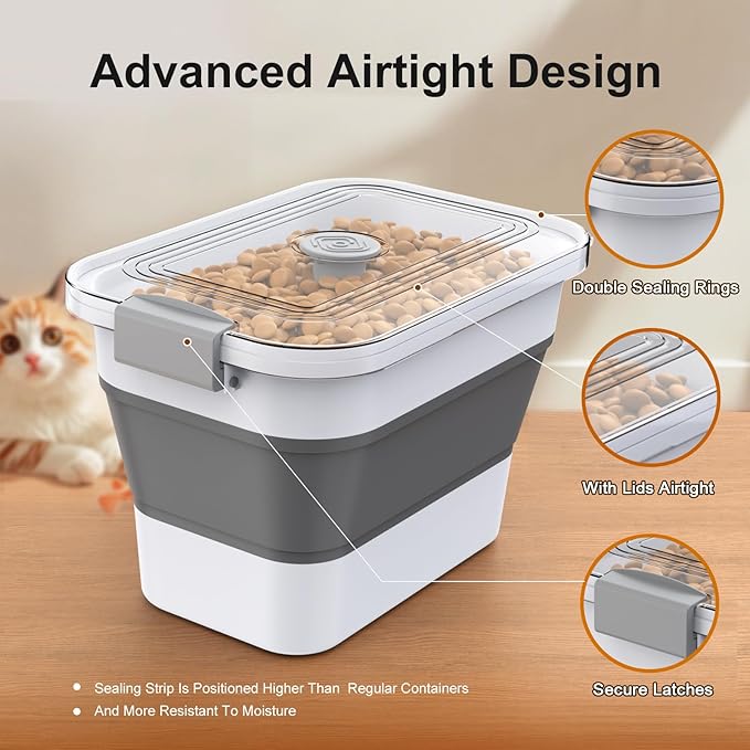 Dog Food Storage Container, 15-23 Lbs Collapsible Dog Food Container with Transparent Airtight Lid, Wheels and Scoop, Travel Pet Food Storage Container for Cat, Dog and Bird, Keep Dry Food Fresh