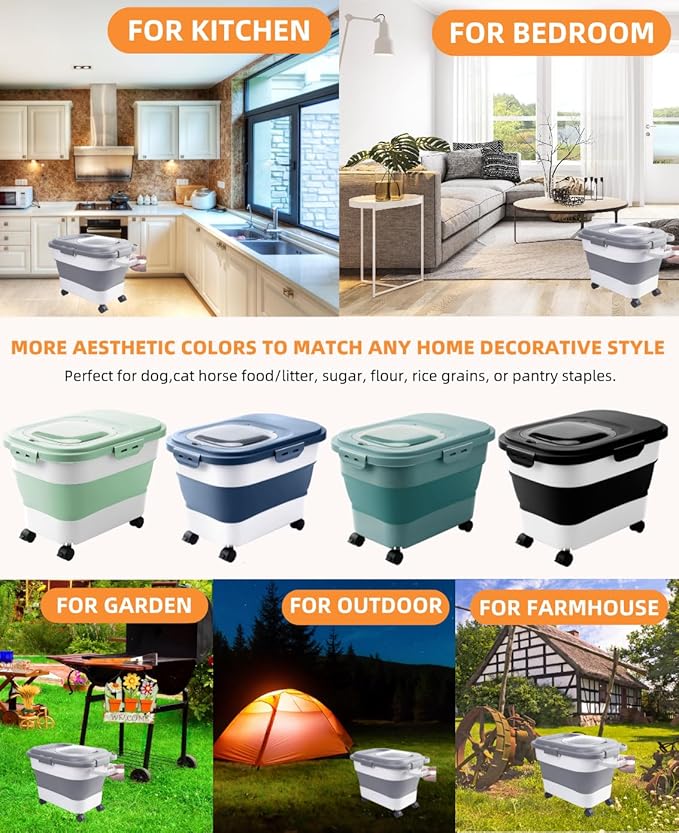 15-23 Lbs Dog Food Storage Container, Collapsible Dog Food Container with Airtight Lid, Wheels, Handle, Large Cat Food Storage Container with Scoop, Dog Bowl for Dog Cat
