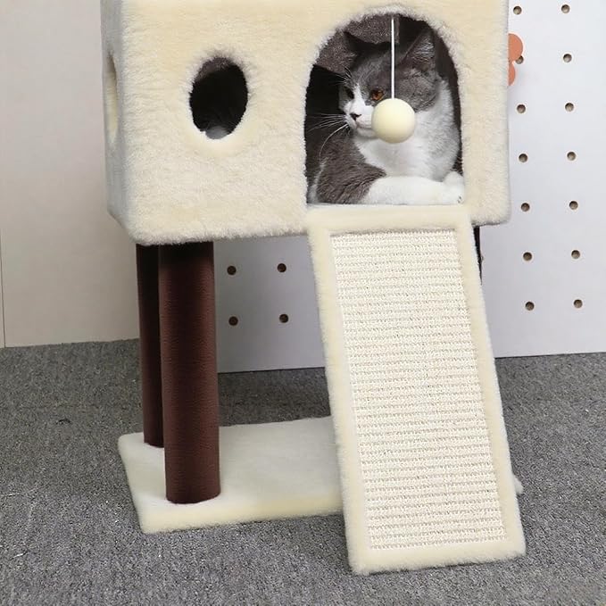 41″ Cat Tree for Indoor Cats Furniture, Cat Tower with Scratching Board, Modern Activity House for Large Cats, Condo with Ball Toys, Kittens Cave, Cat's nest, Beige White