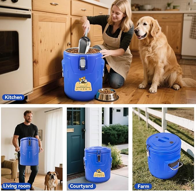 20lb Dog Food Storage Container, Stainless Steel Airtight Pet Food Storage Container and Durable Plastic Food Container, Large Metal Cat Food Container with Lid and Scoop to Keep Fresh