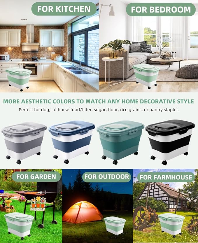 20-30 Lbs Rice Storage Container,Collapsible Food Storage Containers with Rolling Wheel Airtight Locking Lid,Flour Storage Container with Cup and Scoop,Suitable for Food,Rice,Pet Food,Flour