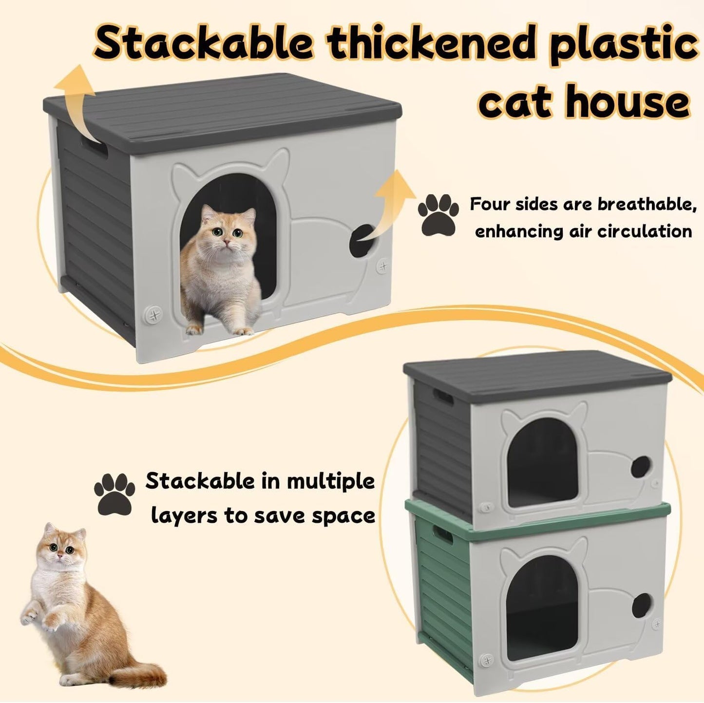 Plastic Outdoor Cat House Waterproof Feral Cat Shelter(Gray)