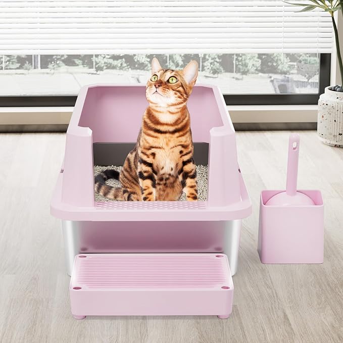 RIZZARI Large Cat Litter Box: Pink Semi-Closed Stainless Steel Litter Box with High Edges - Odorless Litter Pan Anti Leakage for Small to Large Cats for Bedroom Living Room