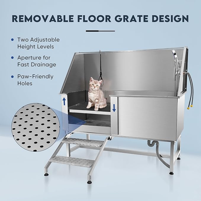 Dog Bathtub XL Professional 62inch Dog Washing Station Stainless Steel Pet Grooming Tub for Extra Large Dogs Wash Tub, Medium, Small Dogs Cats with Left Sliding Doors, Steps, Right Faucets