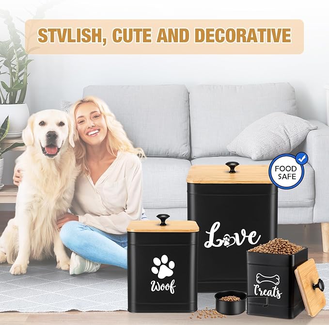 Metal Dog Treat Containers Set of 3 with Bamboo Lids and Spoon Airtight 7+3+2 lbs Dog Food Snack Jars with DIY Labels Big Pet Cookie Storage Jar for Kitchen Counter(Black,Classic)
