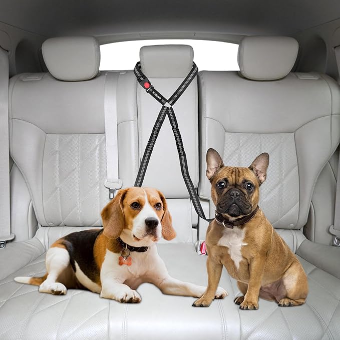 BWOGUE Double Dog Cat Seat Belts, Car Headrest Restraint Adjustable Travel Leash,Safety Elastic Leads Splitter Connect Vehicle Seatbelt Harness for 2 Dogs