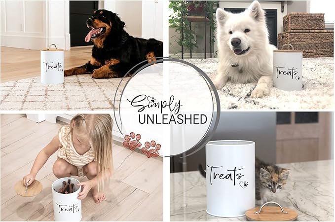 White Dog and Cat Treat Container with Easy to Open Bamboo Lid, 98 oz/12 cups
