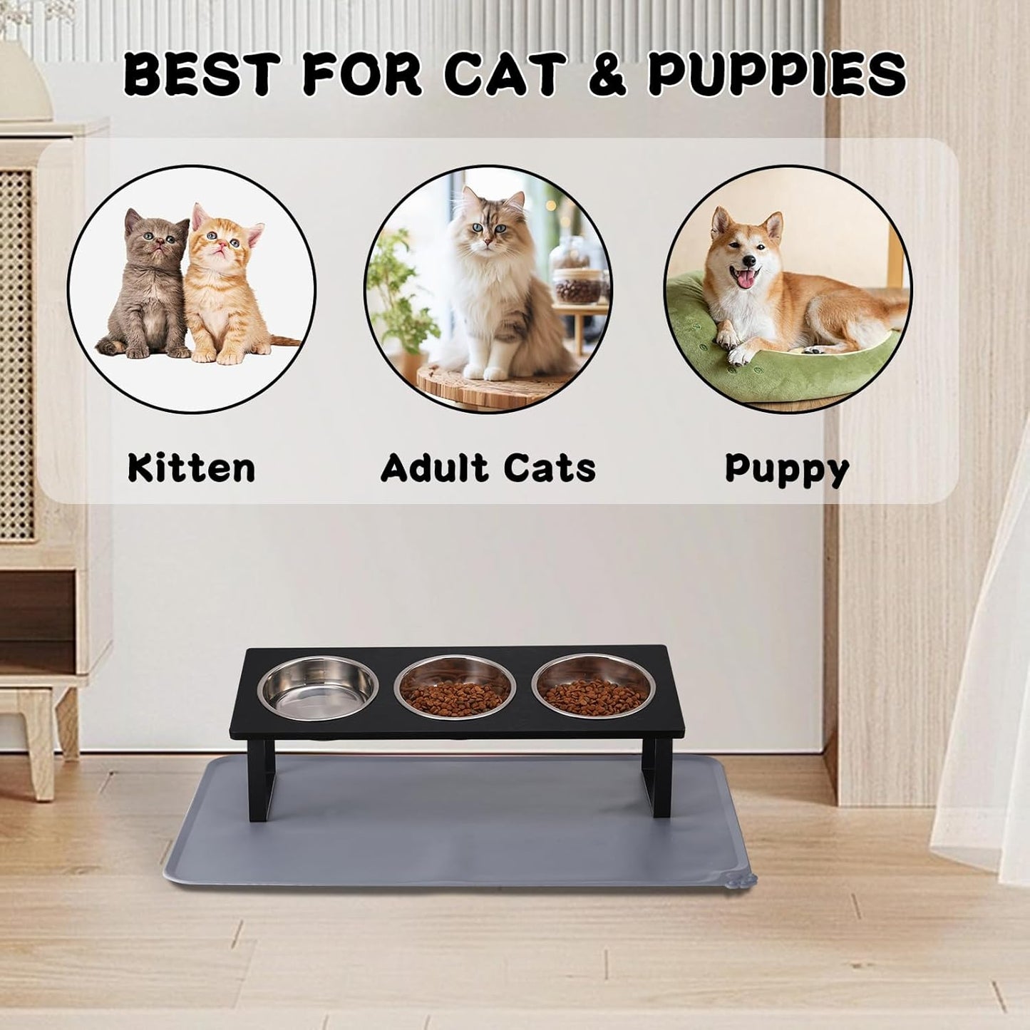 Upgraded Elevated Cat Bowls with Food Mat,15°Tilted Stand Anti Vomiting Raised Cat Dishes for Food and Water,3 Stainless Steel Bowls for Cats and Puppy(Black)