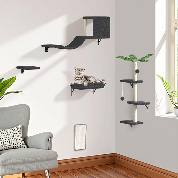 5-in-1 Cat Wall Shelves for 16 Inch Drywall: Space-Saving Wall Mounted Cat Shelves with Climbing, Perch & Lounge