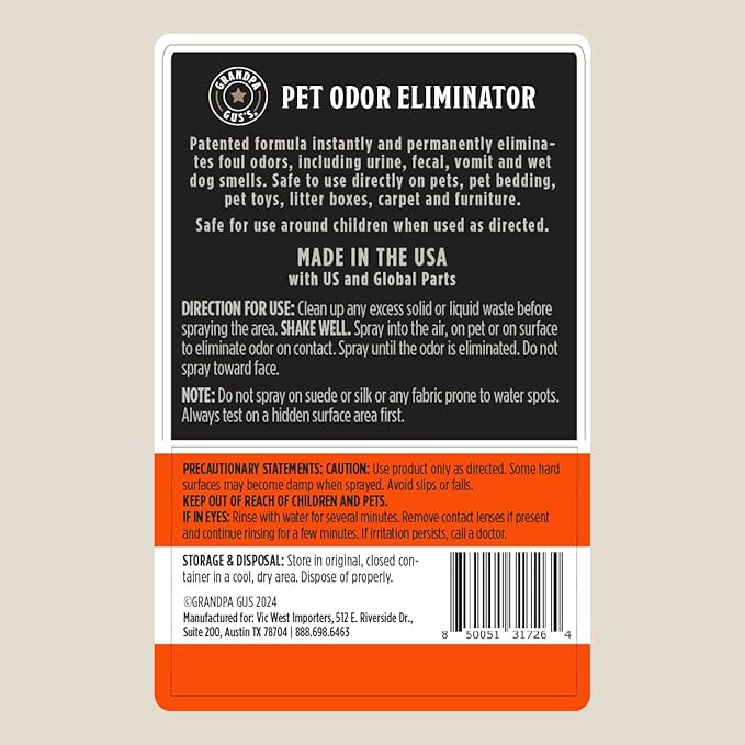 Grandpa Gus's Natural Instant Pet Odor Eliminator, Ready-to-Use Spray, Removes Strong Odor and Smell from Small Animal, Dog & Cat, Home, Carpet & Furniture, 4 fl oz (Pack of 2)