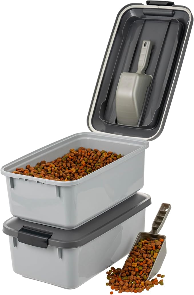 IRIS USA WeatherPro Airtight Pet Food Storage Container, Up to 14 lbs, Dog Cat Bird and Other Pet Food Storage Bin Keep Pests Out Translucent Body BPA Free Stackable, 2 Pack, Gray