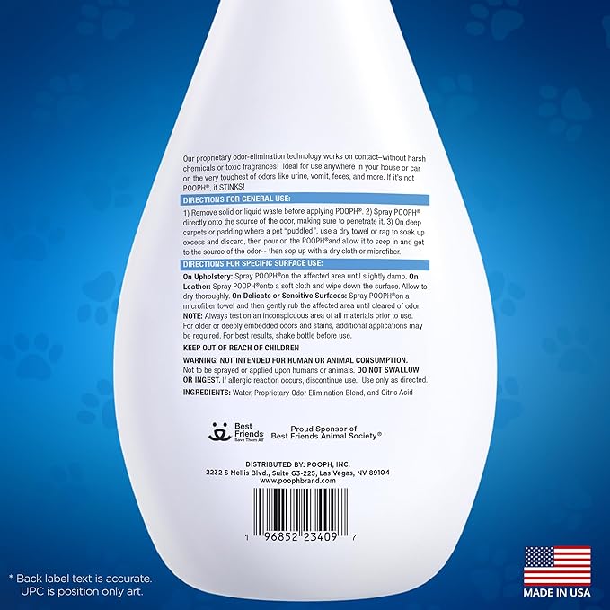 POOPH® Pet Odor Eliminator – 32 fl oz Bottle – Organic, NO Fragrances, NO Harsh Chemicals – Fast, Safe and Effective, Works On-Contact! For Home, Auto, Upholstery, Furniture – Safe for Pets & People
