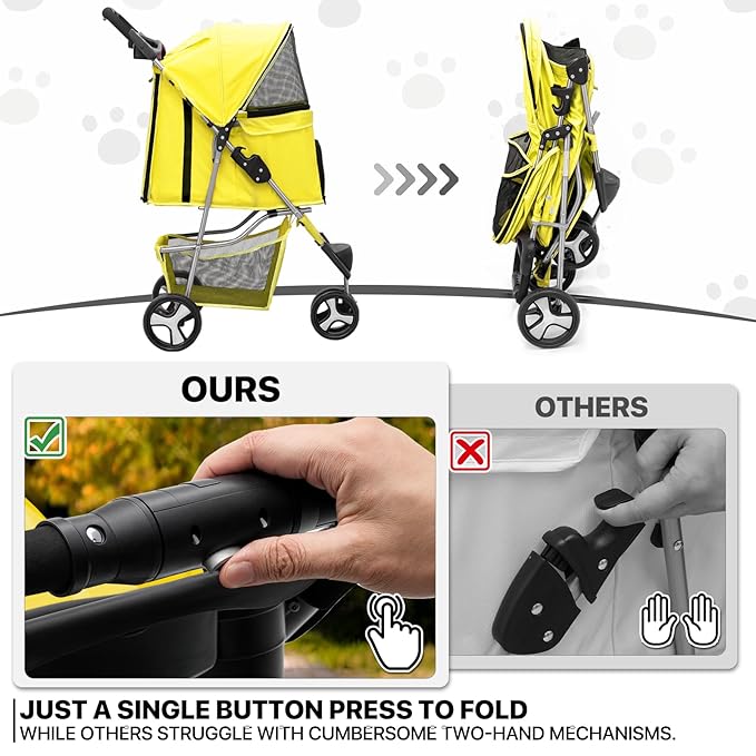 MoNiBloom Foldable Pet Stroller with Waterproof Cover, 3-Wheels Dog Strolling Cart for Small/Medium Dogs and Cats with Storage Basket and Cup Holder, Breathable and Visible Mesh for All-Season, Yellow