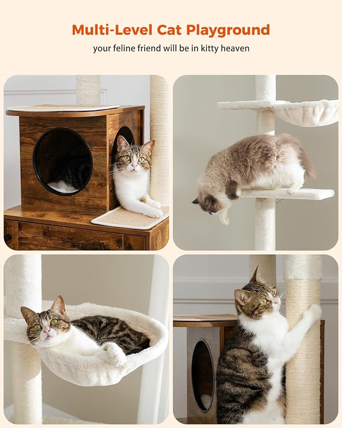 Adjustable Floor to Ceiling Cat Tree, 90.6-110.2 Inch Cat Tower with 6 Tiers & Integrated Litter Box Enclosure, Modern Cat Condo in Rustic Brown