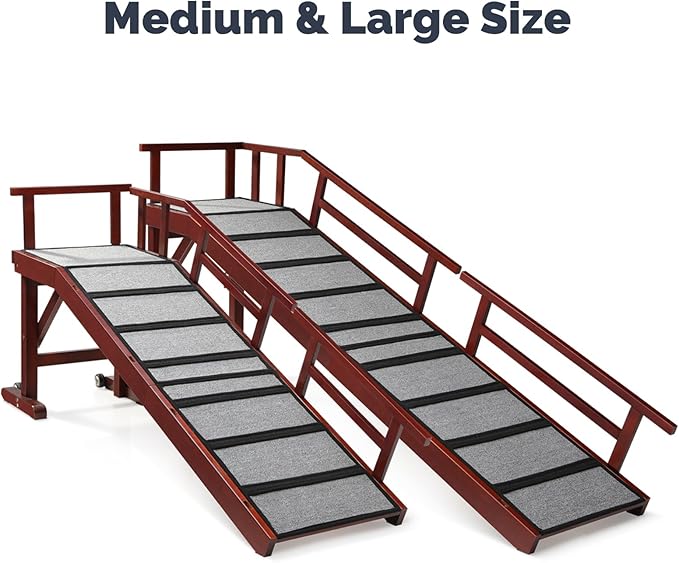 Dog Ramp for Bed or Couch, Wooden Pet Ramp with 20° Gentle Slope, Removable Side Rails, Non-Slip Surface, Top Platform & Wheels, Safe Bed Ramp for Small, Medium & Senior Dogs, 60" Long, Mahogany