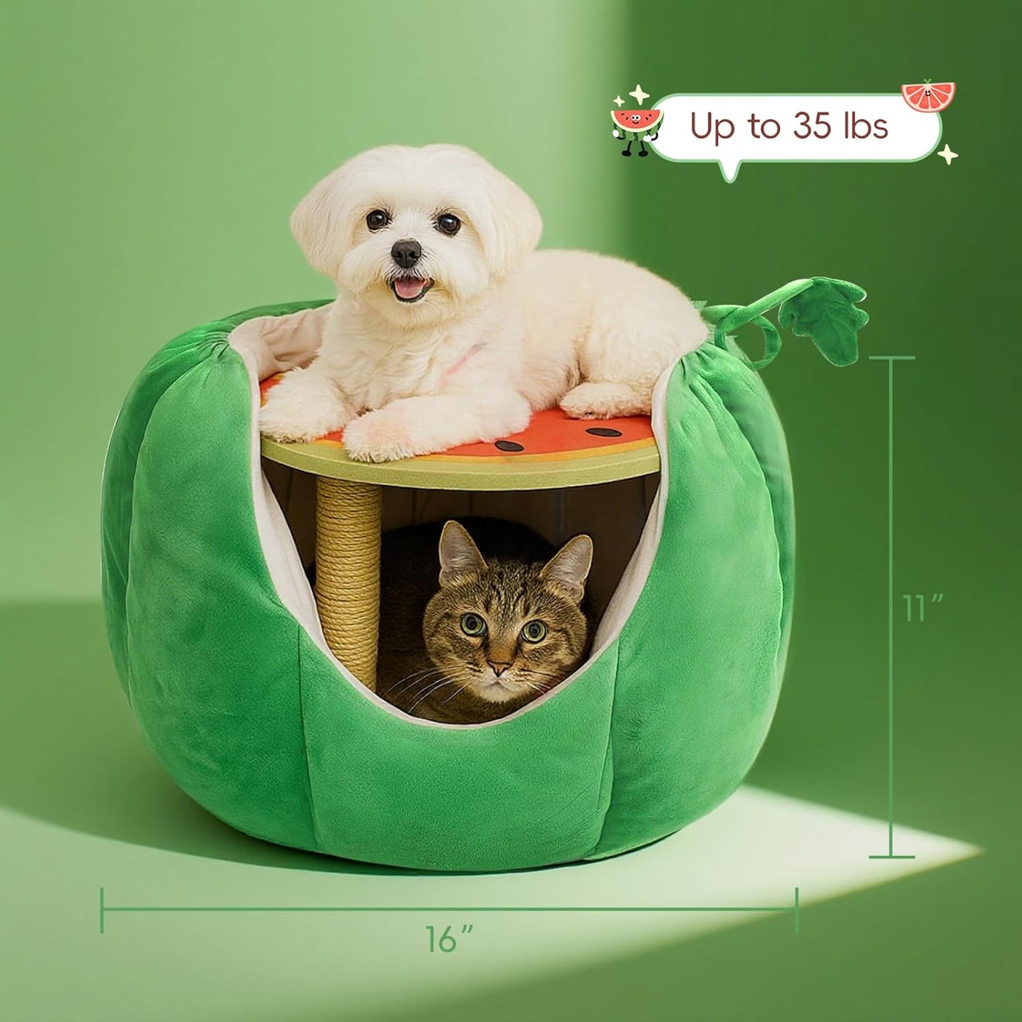 Cat Houses for Indoor Cats, Small Cat Tree with Sisal Ropes and Plush Perch, Cute Cat Bed Cave with Soft Pillow, Watermelon Design