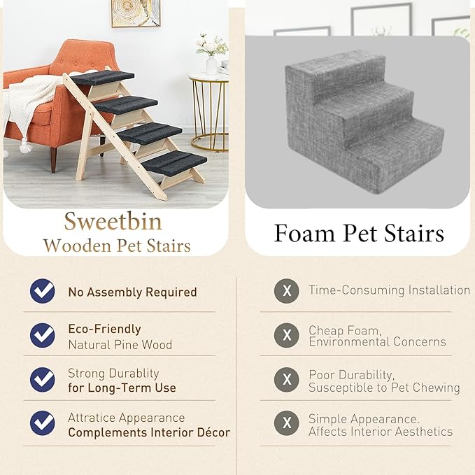 Wood Pet Stairs/Pet Steps for All Dogs and Cats - 2-in-1 Foldable Carpeted 4 Tiers Dog Stairs & Ramp Perfect for Beds and Cars - Portable Dog/Cat Ladder Up to 150 Pounds