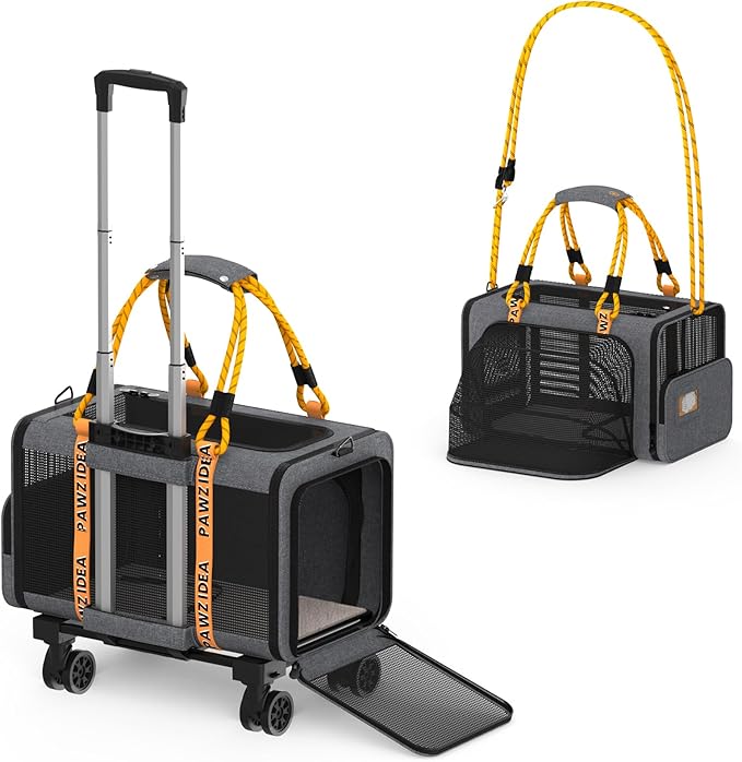 PAWZIDEA Pet Carrier with Wheels, 18x11x11 TSA Airline Approved Cat Carrier for 2 Cats Under Seat, Expandable Soft-Sided Dog Carrier for Small Dogs Rolling Travel Bag with Telescopic Handle, ID Card