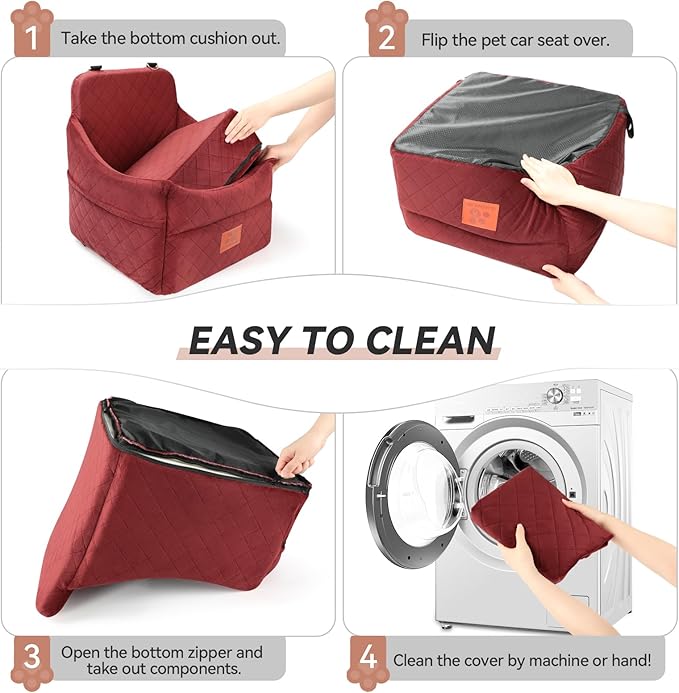 Dog Car Seat for Small/Medium Dogs, Dog Booster Car Seats with Thick Cushion for Dogs Under 35lbs, Detachable Washable Pet Car Seat with Storage Pockets, 2 Safety Belts(Red)