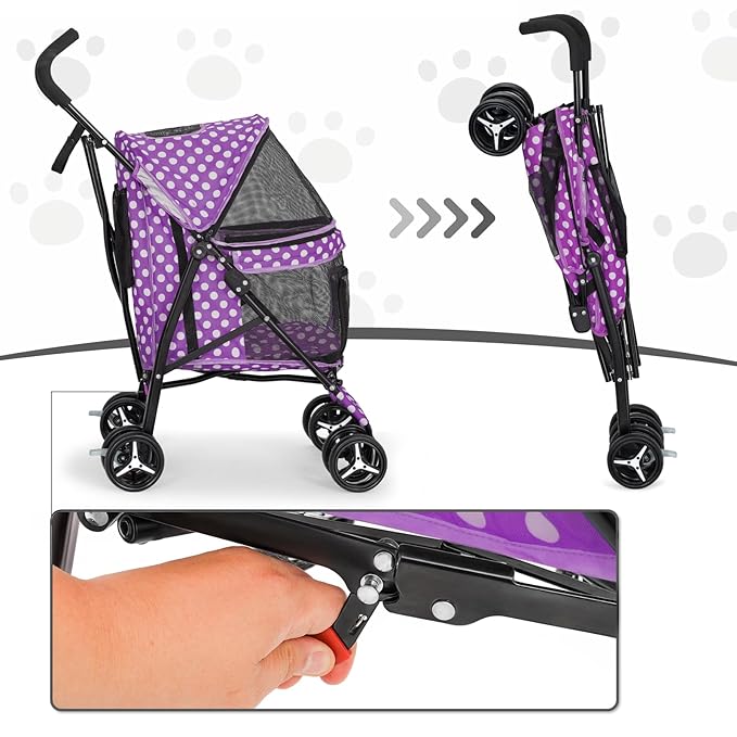 MoNiBloom 4 Wheels Pet Stroller, Easy-Fold Umbrella Shaped Dog Cat Jogger Stroller w/Storage Bag & Visible Mesh for Small/Medium Dogs Cats Purple Polka Dots