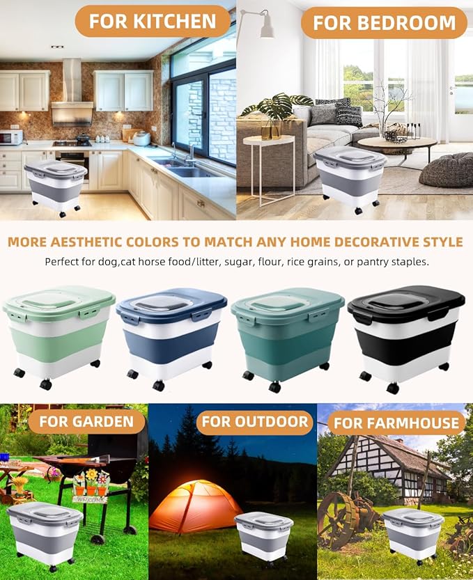 20-30 Lbs Rice Storage Container,Collapsible Food Storage Containers with Rolling Wheel Airtight Locking Lid,Flour Storage Container with Cup and Scoop,Suitable for Food,Rice,Pet Food,Flour