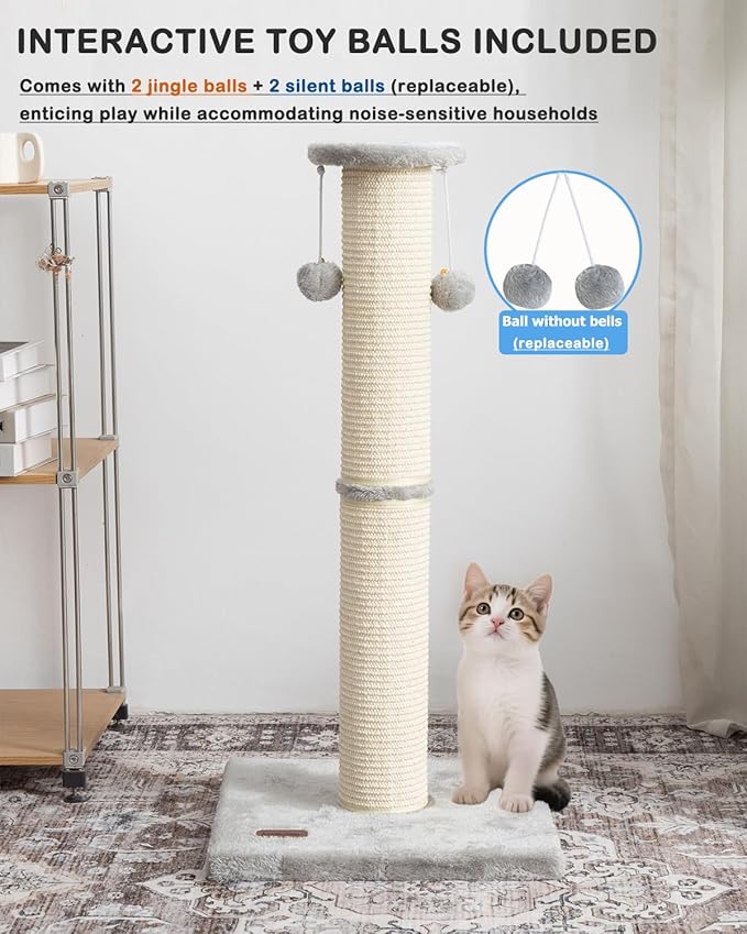 Kilodor Cat Scratching Post 34 Inches Large Sturdy Cat Post with Replaceable Sisal Scratcher and Hanging Ball Scratching Post for Indoor Cats Adult Grey