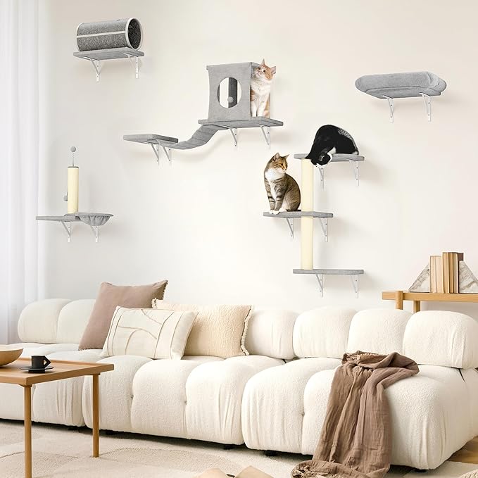 NUNU LAB 14-in-1 Cat Wall Shelves Set, Wall-Mounted Cat Climber with Bridge, Tunnel, House, Scratcher, Steps, Indoor Space-Saving Furniture for Kittens Play, Gray