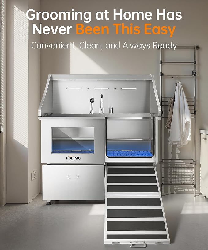 POLIMO Dog Washing Station, LED Professional Stainless Steel Dog Bathing Station 50", Dog Grooming Tub for Large, Medium & Small Dog - with Window, Ramp, Drawer, Floor Grate & Faucet (Right RAMP, 50")