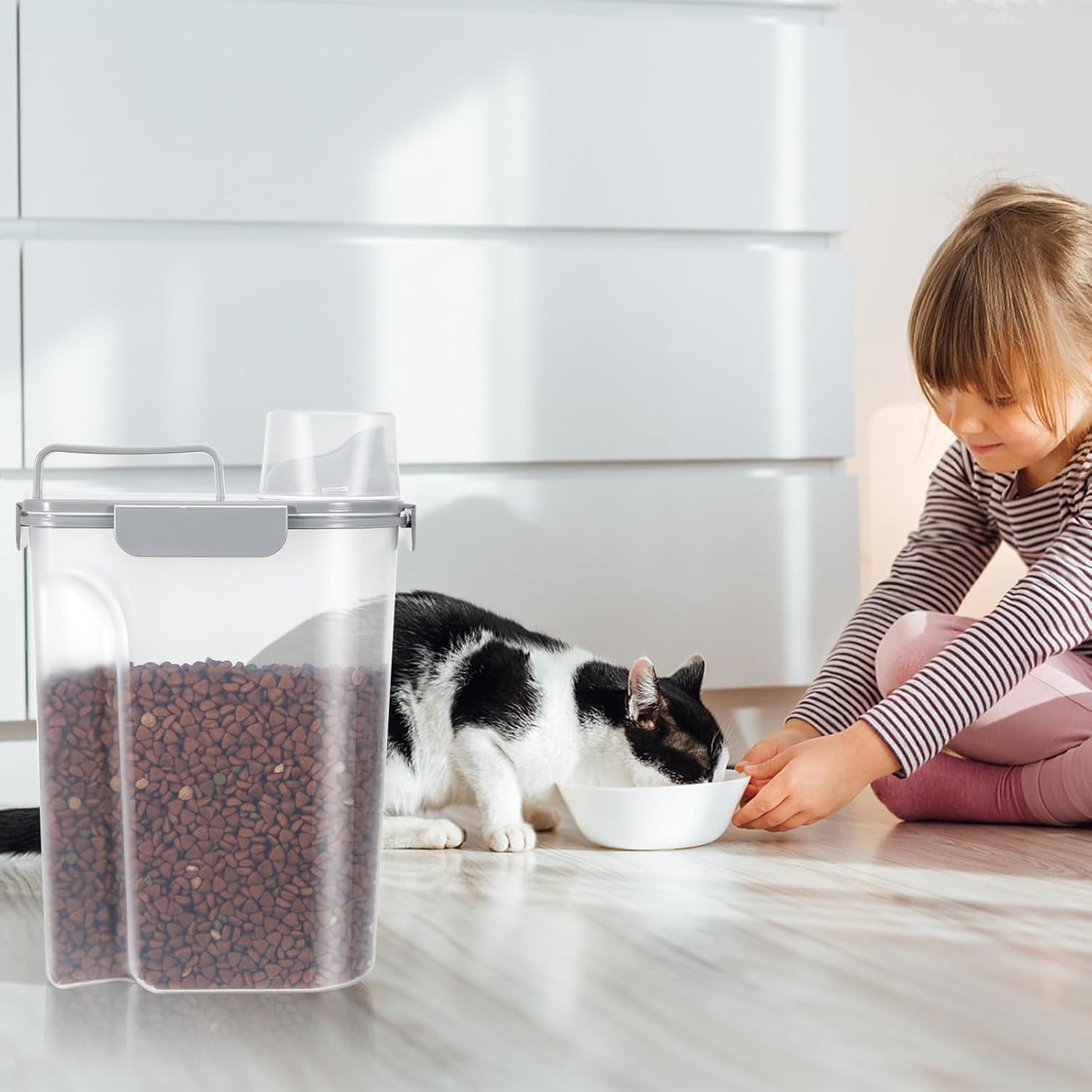 5-7Lbs Dog Cat Food Storage Container with Upgraded Large Nozzle BPA-free, 4 Snap Seals Plastic Pet Food Storage Containers with Handles (2, Light Gray, 5L)