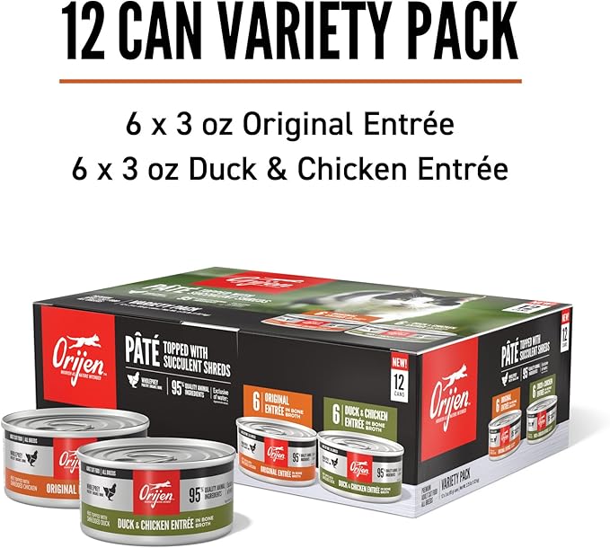 ORIJEN Premium Pate Wet Cat Food Variety Pack: Original + Duck & Chicken Recipes 3oz Cans (12 Count, 6 of Each)