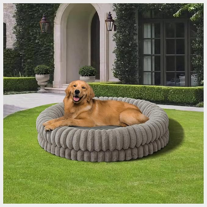 BALANCE Luxury Donut Dog Bed, 43 Inches Round Dog Beds Large Sized Dogs Washable, Orthopedic Calming Dogs Bed for Pets with Anti-Slip Bottom, Oatmeal