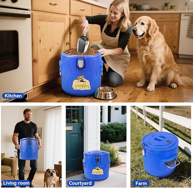15lb Dog Food Storage Container, Stainless Steel Airtight Pet Food Storage Container and Durable Plastic Food Container, Large Metal Cat Food Container with Lid and Scoop to Keep Fresh