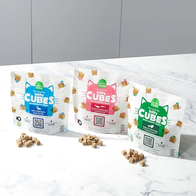 Open Farm, Kitty Cubes, Freeze Dried Raw Cat Treats, Grain-Free, High-Protein Cat Treat with Probiotics, Omega Fatty Acids & Superfoods, Chicken & Turkey Recipe, 1.5oz Bag