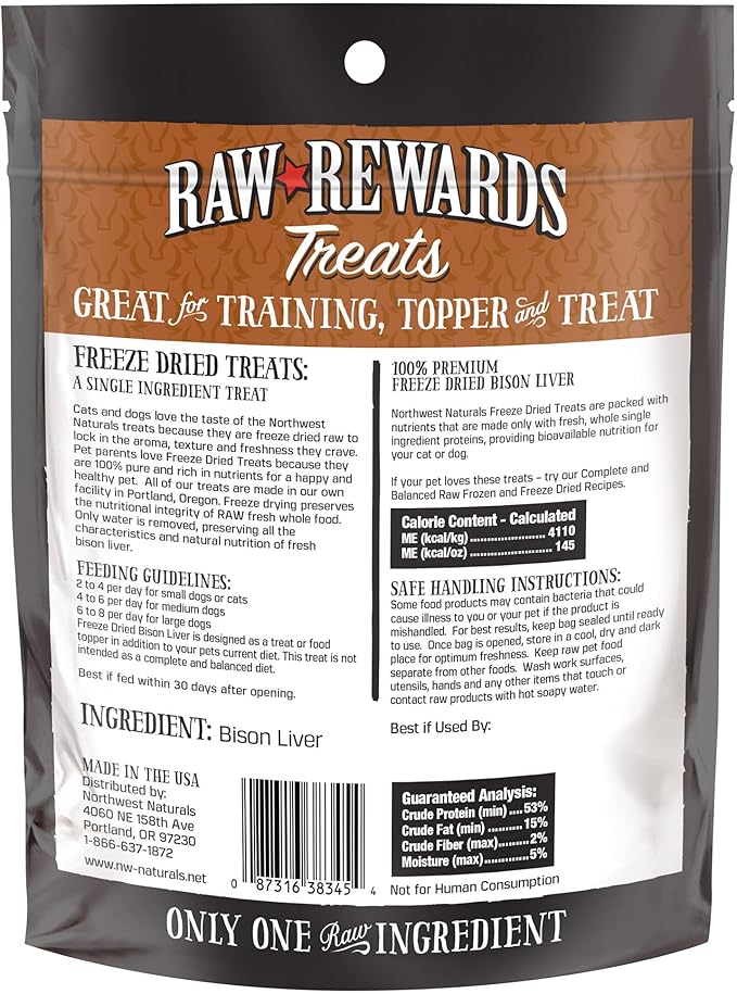 Northwest Naturals Raw Rewards Freeze-Dried Bison Liver Treats for Dogs and Cats - Bite-Sized Pieces - Healthy, 1 Ingredient, Human Grade Pet Food, All Natural, Proudly Made in USA, 3 Oz (Pack of 3)
