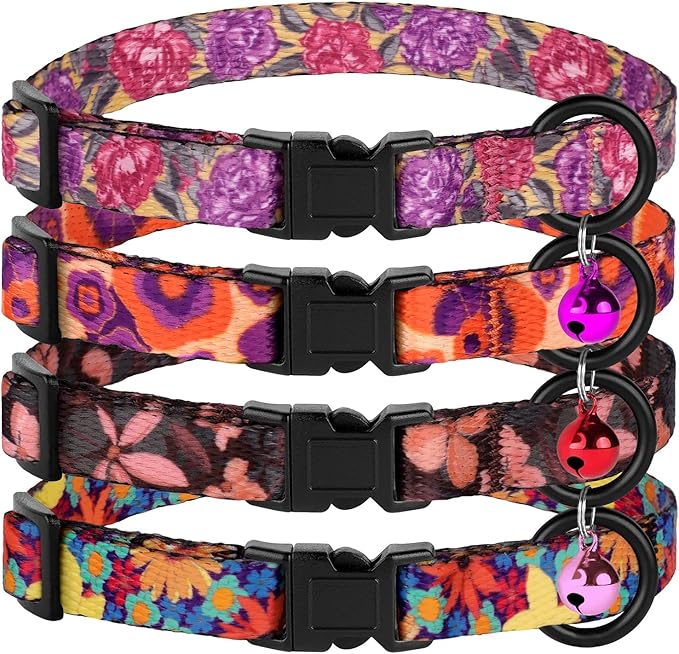 4PCS Breakaway Cat Collars with Bell - Cute Soft Adjustable Safety Kitten Collars 4-Pack - Nylon Pet Collars Nature Tribal Striped Floral Space Aztec Flowers Print (Floral)