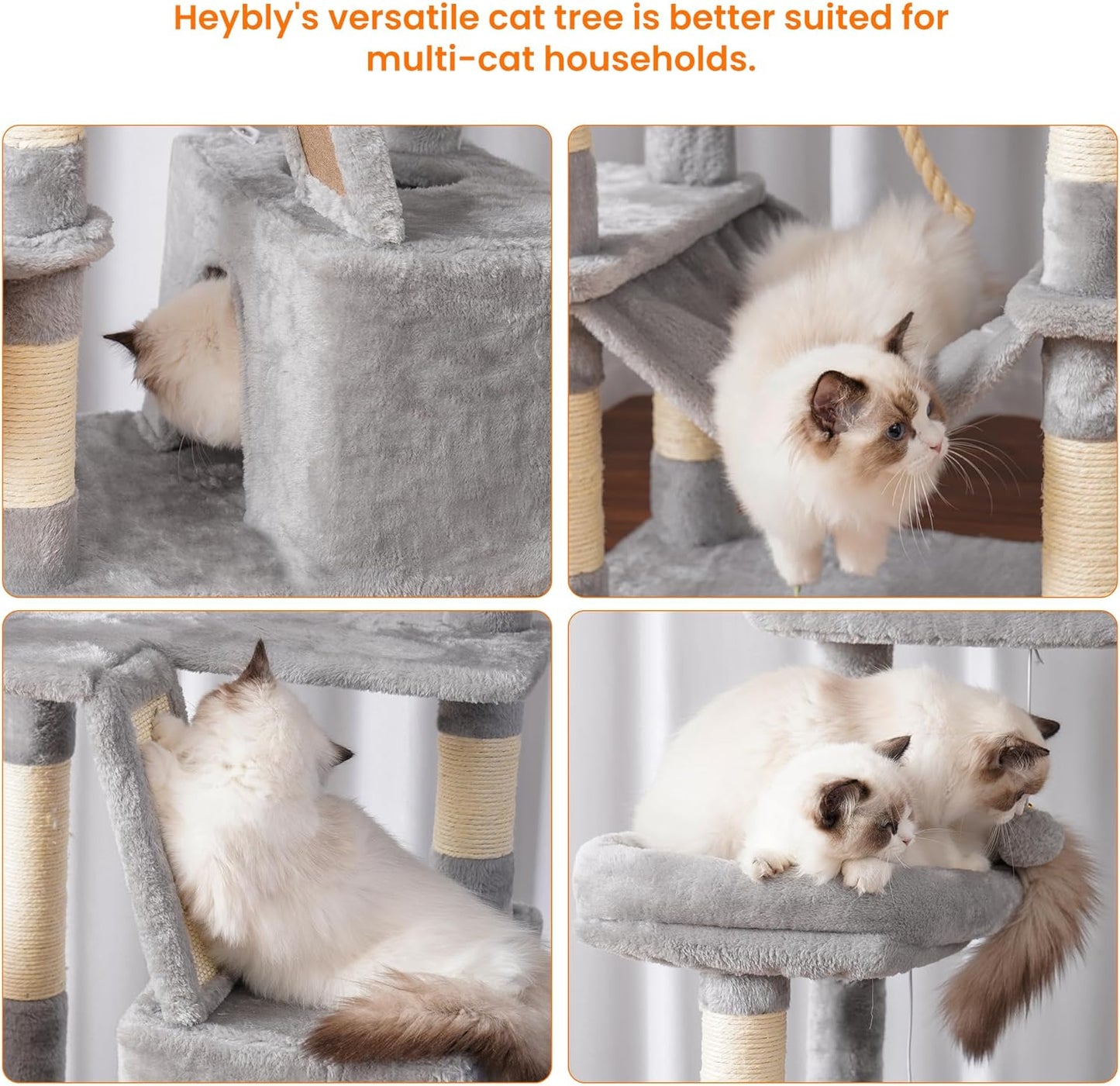Heybly Cat Tree, 68 inch Multi-Level Cat Tower for Indoor Cats, 2 Widened Plush Perches Cat Condo with Scratching Board and Big Caves, Light Gray HCT025W