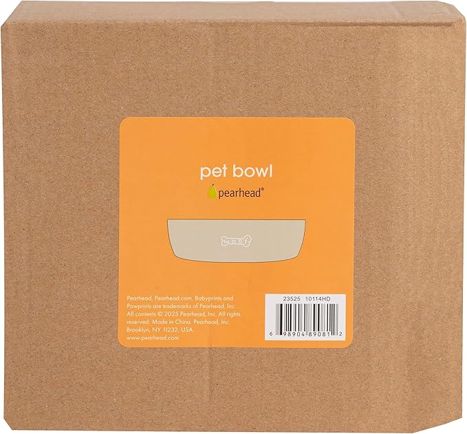 Pearhead Ceramic Dog Bowl – Neutral Taupe “Woof” Design, Holds 3 Cups, Non-Skid Stoneware Pet Feeding Dish, Medium