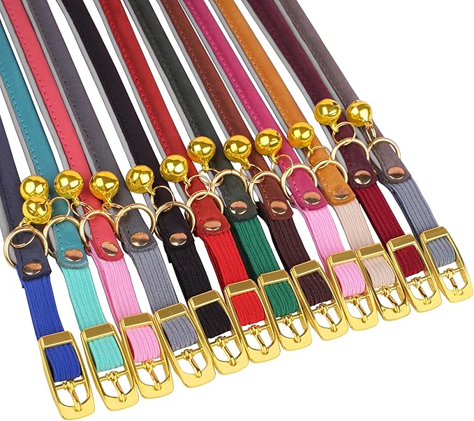 OOPSDOGGY Rolled Leather Cat Collar with Bell - Reflective Kitten Collar with Safety Elastic Strap - Adjustable Small Pet Collars for Boy Girl Cats (Red)