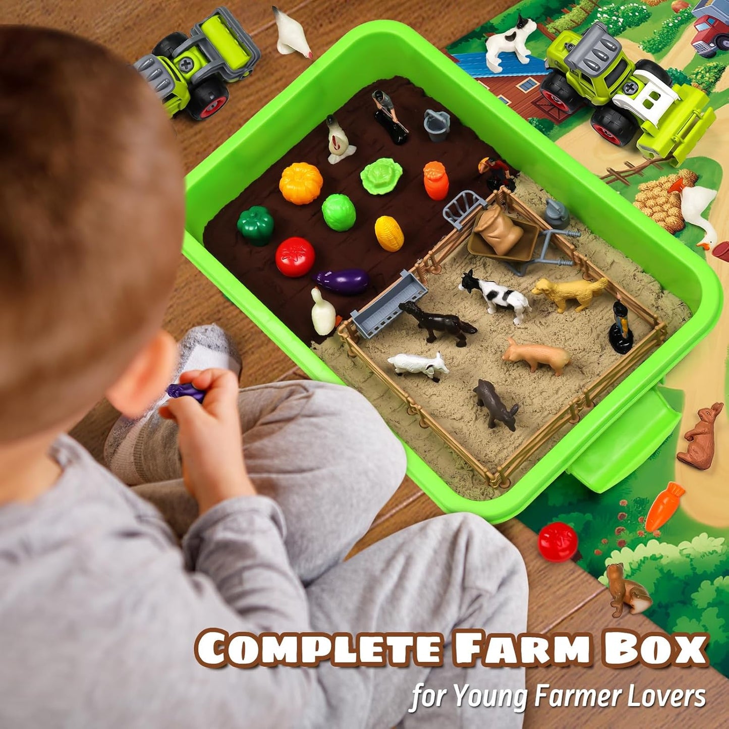 69 PCS Farm Sensory Bin Toys Playset, Sandboxes with Sand, Farmer Tractor & Farm Animals Figures Toys for Kids 3 4 5, Gifts for 6 7 Years Old Boys Girls Toddlers
