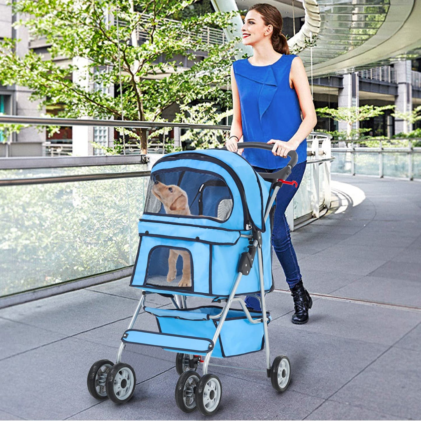 Dog Stroller, Folding 4 Wheels Pet Stroller for Small Medium Dog Cat Travel Carrier with Weather Cover Storage Basket Cup Holders Blue