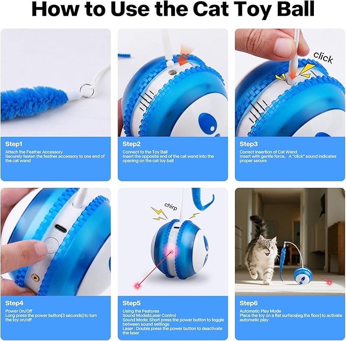 Pet Prime Interactive Cat Toy Motion Activated Cat Laser Toy Automatic Self Moving Ball with Bird Chirping,Rechargeable Exercise Stimulation Toys for Bored Blue