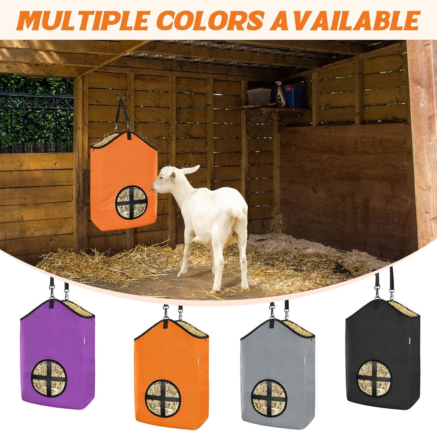 3 PCS Goat Hay Feeder,Hay Bags for Horses,Goats,Donkeys with Reinforced Oxford Fabric and High Strength Metal Clasp,Horse Feeding Supplies with Adjustable Strap for Easy Hanging (2Orange+1Black)