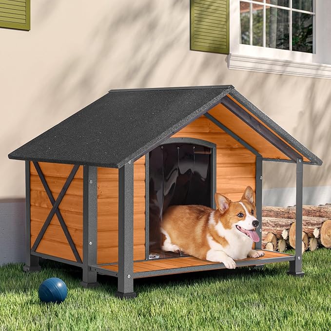 Dog House Outdoor & Indoor Unique All-Around Iron Frame Dog Kennel for Winter with Raised Feet for Small & Medium & Large Dogs,Weatherproof Roof (40.6 “L×34.3”W×31.5“H)