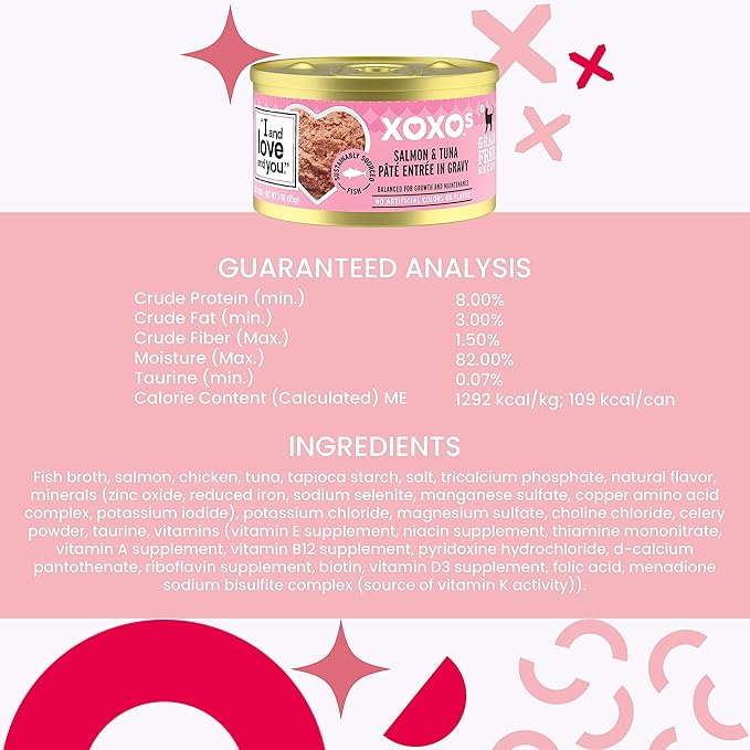 I and love and you XOXOs Wet Cat Food - Salmon + Tuna Pâté - Grain Free, Filler Free, 3oz Pack of 24 Cans