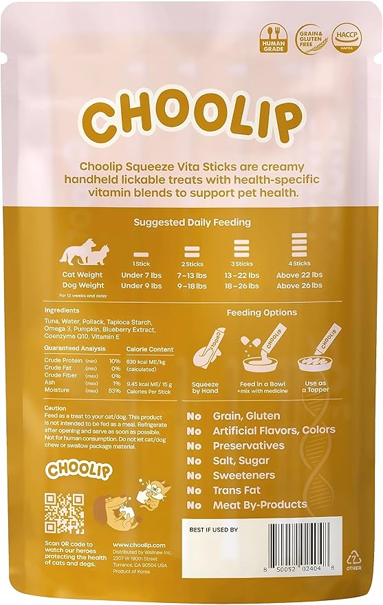 Choolip Squeeze Vita Stick Lickable Cat & Dog Treats – 14 Sticks (2×7 Value Bundle) Kidney Support, Creamy Grain-Free Puree with CoQ10, Omega 3 & Vitamin E for Hydration & Renal Health