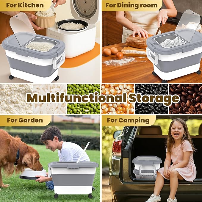 HOYTAMDA 20-30Lbs Rice Container,Collapsible Airtight Food Storage Containers with Wheels,Handle,Rice Storage Container with Small Bin and Scoop