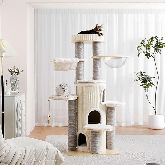 Modern Cat Tree,63'' Multi-Level Cat Tower with 3 Level Sisal Condo,Hammock,Washable Cushions,Tall Heavy Duty Cat Condo with Post,Luxury Wood Cat Tree Tower for Indoor Large Adult Maine Coon